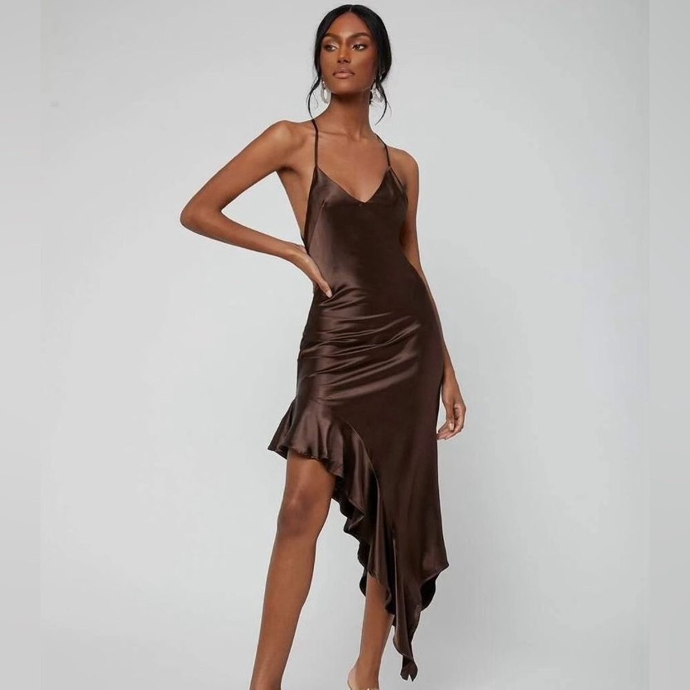 NWT. Chocolate satin asymmetrical ruffle hem midaxi dress